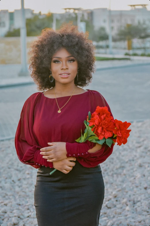 a woman holding a bunch of red roses, an album cover, pexels contest winner, natural hair, dolman, medium format. soft light, puff sleeves