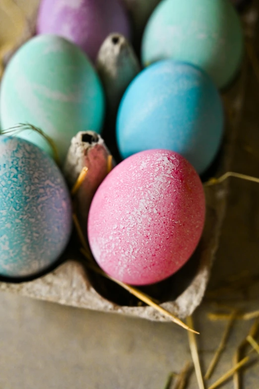 a carton filled with lots of colorful easter eggs, a stipple, renaissance, pink white turquoise, thumbnail, frozen, close - ups