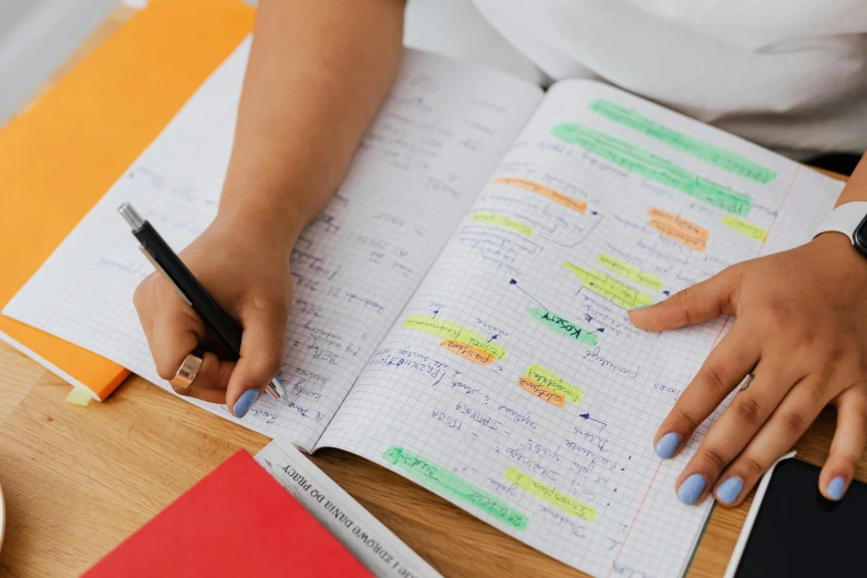 a woman sitting at a table writing in a notebook, a child's drawing, by Julia Pishtar, trending on pexels, with fluo colored details, with labels and notes, educational supplies, on a notebook page