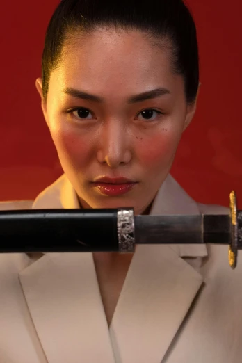 a woman holding a sword in front of her face, inspired by Zhou Fang, hyperrealism, slide show, mariko mori, promo image, yakuza
