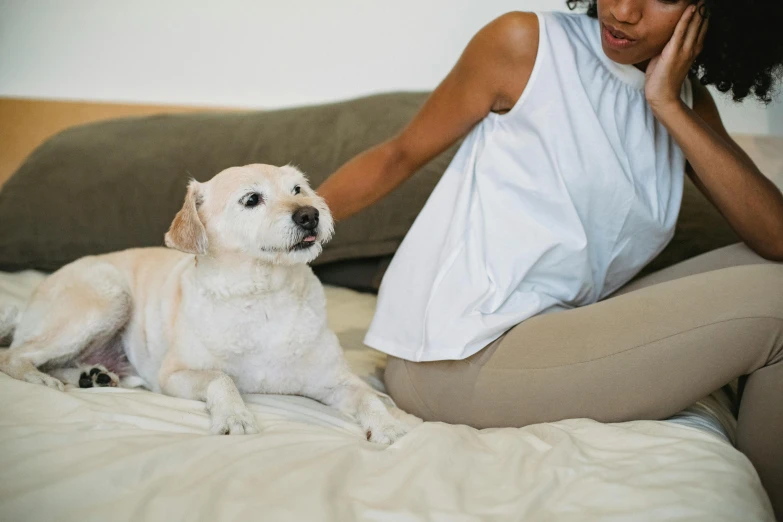 a woman sitting on a bed with a dog, trending on pexels, pregnant belly, manuka, health supporter, wearing a white button up shirt