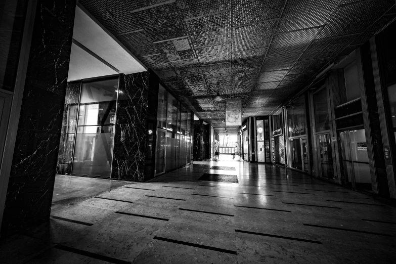 a black and white photo of an empty hallway, a black and white photo, with shiny glass buildings, high details photo, thumbnail, intense dramatic hdr