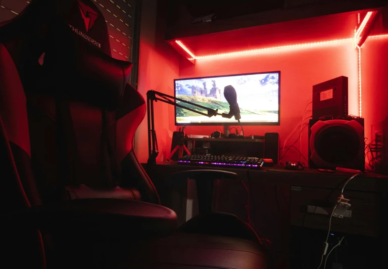 a gaming room is lit up with red lights, a picture, vs studio, red magic, mangeta smoke red light, tranding on pxiv