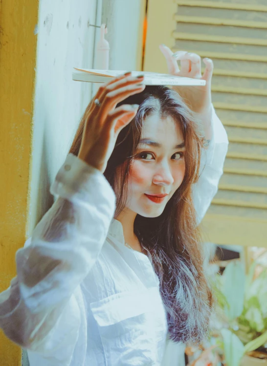 a woman holding a plate with chopsticks on top of her head, a picture, inspired by Kim Jeong-hui, ulzzang, profile image, avatar image, bae suzy