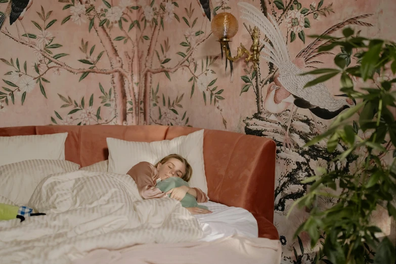 a little girl that is laying in a bed, by Lucette Barker, maximalism, pristine quality wallpaper, sydney sweeney, cosy enchanted scene, soft blush