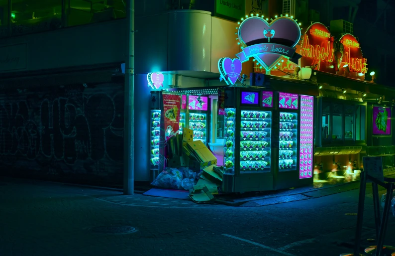 a vending machine sitting on the side of a road, cyberpunk art, inspired by Elsa Bleda, pexels contest winner, neon tokyo, neon heart reactor, sailor moon aesthetic, cyberpunk homeless