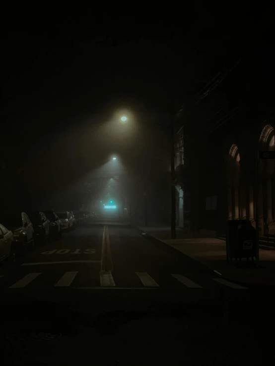 a street filled with lots of traffic at night, inspired by Gregory Crewdson, pexels contest winner, tonalism, fog. 3 d, dark university aesthetic, empty streetscapes, cinematic lut