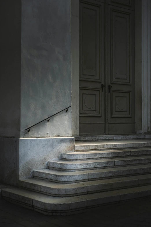 a cat sitting on the steps of a building, inspired by David Chipperfield, neoclassicism, single light, door, side lighting, gray concrete