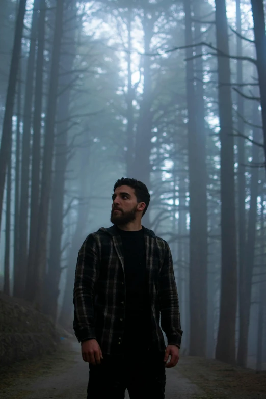 a man standing in the middle of a forest, an album cover, pexels contest winner, h3h3, dreary lighting, ( ( theatrical ) ), mid body shot