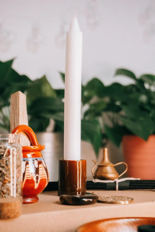 a candle sitting on top of a table next to a potted plant, maximalism, pestle, miscellaneous objects, zoomed in, caramel