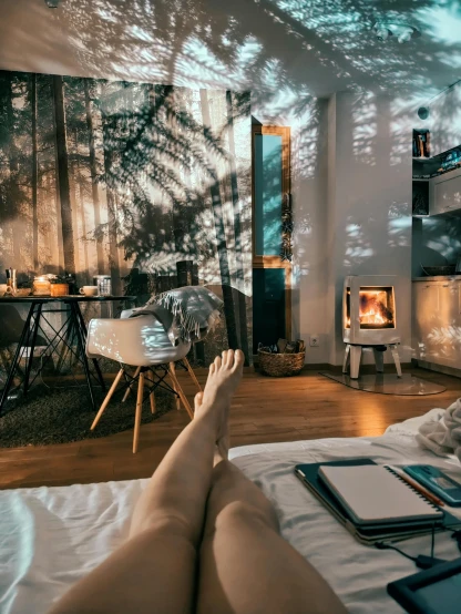 a person laying on a bed in a room, inspired by Elsa Bleda, pexels contest winner, forest themed, cosy fireplace, wide angle full body, inside a cozy apartment