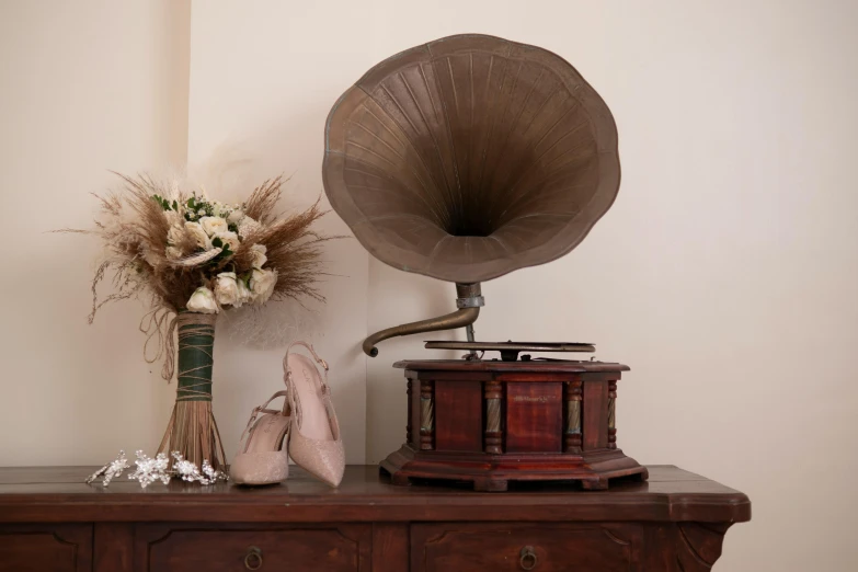 a wooden table topped with a vase filled with flowers, an album cover, inspired by Wilhelm Hammershøi, trending on pexels, renaissance, shoes, giant speakers, 1 9 1 0 s film scene, taupe