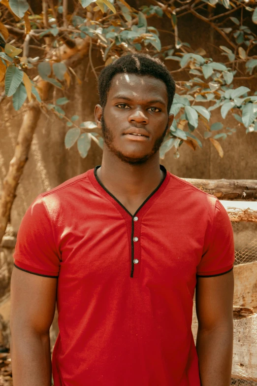 a man in a red shirt standing in front of a tree, by Chinwe Chukwuogo-Roy, pexels contest winner, renaissance, he is about 20 years old | short, halfbody headshot, light-brown skin, slide show