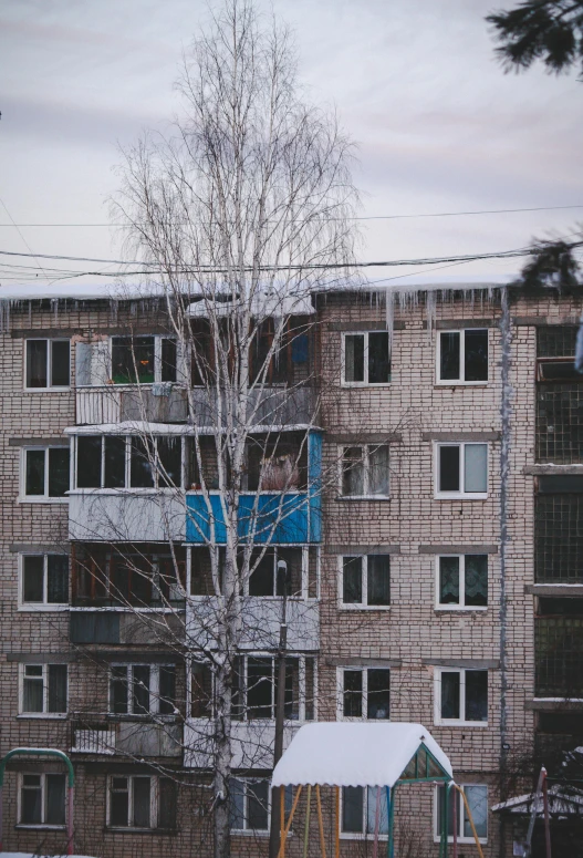 a group of people riding skis on top of a snow covered slope, inspired by Elsa Bleda, renaissance, soviet apartment building, icicles, birch, photo of poor condition