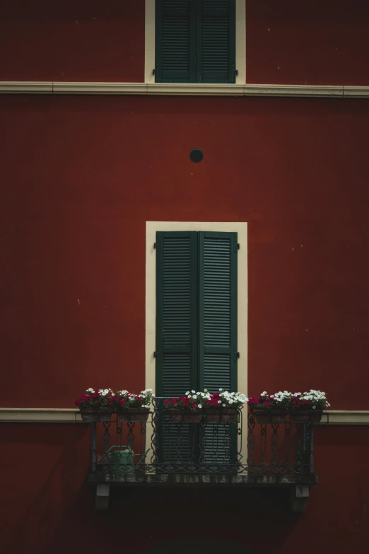 a red building with a balcony and green shutters, a black and white photo, pexels contest winner, morandi color scheme, red and white flowers, dark green color scheme, tall door