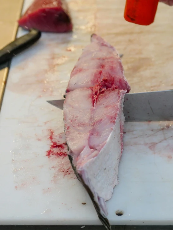 a person cutting meat with a knife on a cutting board, by Ryan Pancoast, reddit, back shark fin, stained and bleeding, very vascular, bottom - view