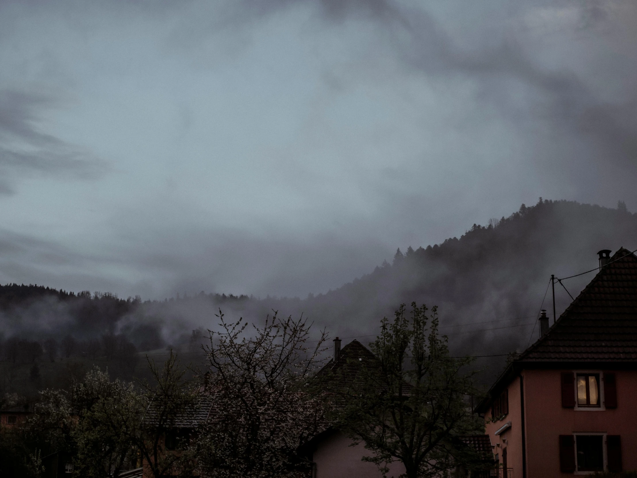 a couple of houses sitting on top of a lush green hillside, inspired by Gregory Crewdson, pexels contest winner, romanticism, ominous night mist, black forest, gray sky, atmospheric night