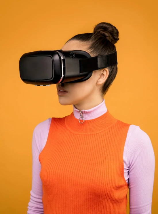 a woman wearing a virtual reality headset, by Julia Pishtar, hypermodernism, in front of an orange background, over the shoulder point of view, no - text no - logo, cyber school girl