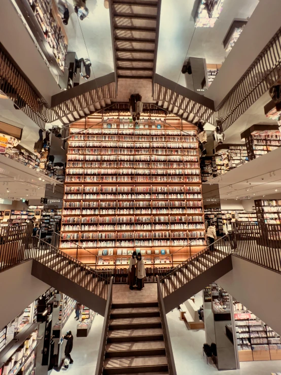 a large library filled with lots of books, an album cover, by Yasushi Sugiyama, pexels contest winner, in magnificent shopping mall, instagram story, wide high angle view, gif