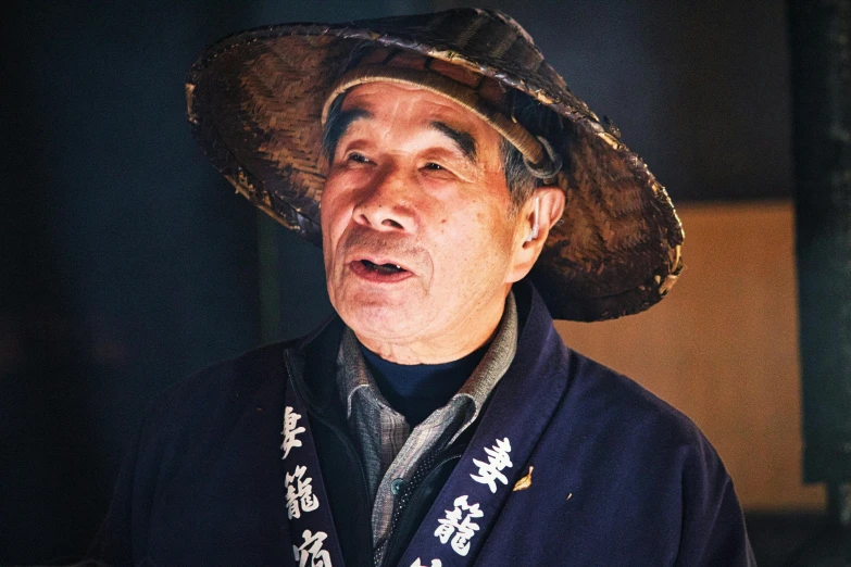a close up of a person wearing a hat, inspired by Hu Zao, shin hanga, slide show, farmer, hayao miyazak, multiple stories