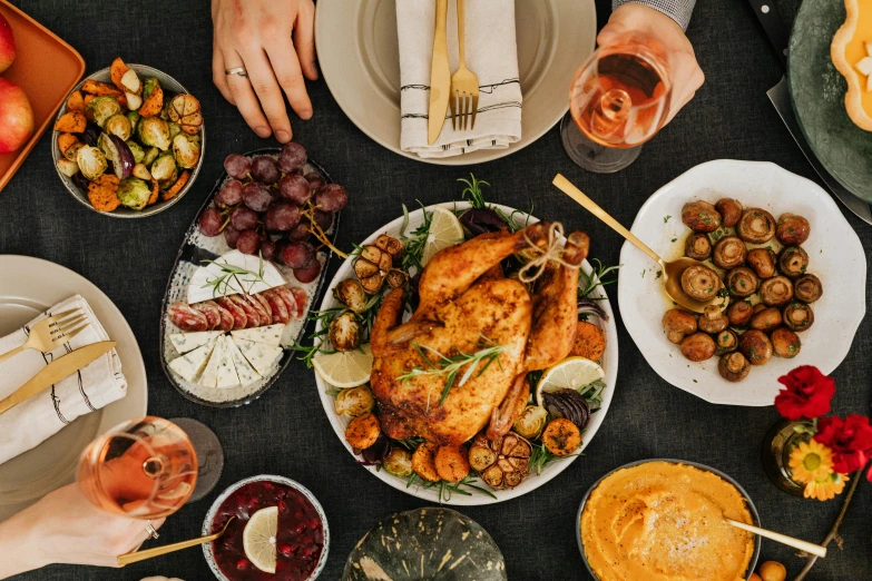 a table topped with plates of food and glasses of wine, a portrait, by Carey Morris, pexels contest winner, hands pressed together in bow, cornucopia, high quality product image”, background image