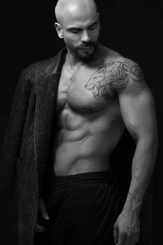 a shirtless man standing in front of a black background, a black and white photo, inspired by Ludovit Fulla, jacket over bare torso, werewolf?, profile image, adult character