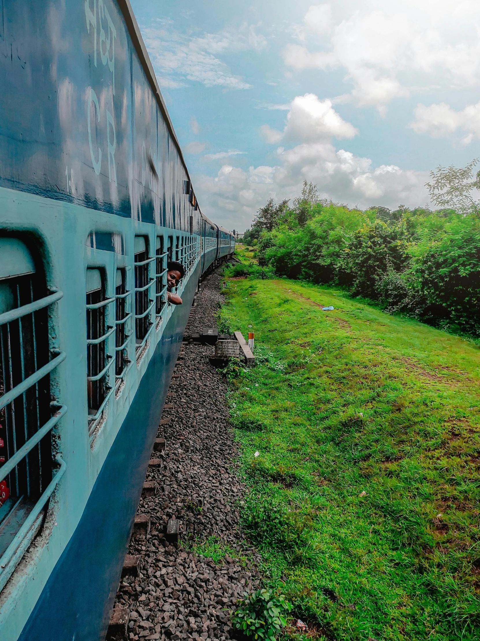 a blue train traveling down train tracks next to a lush green field, inspired by Steve McCurry, pexels contest winner, happening, assamese aesthetic, panorama view, 🤬 🤮 💕 🎀, profile image