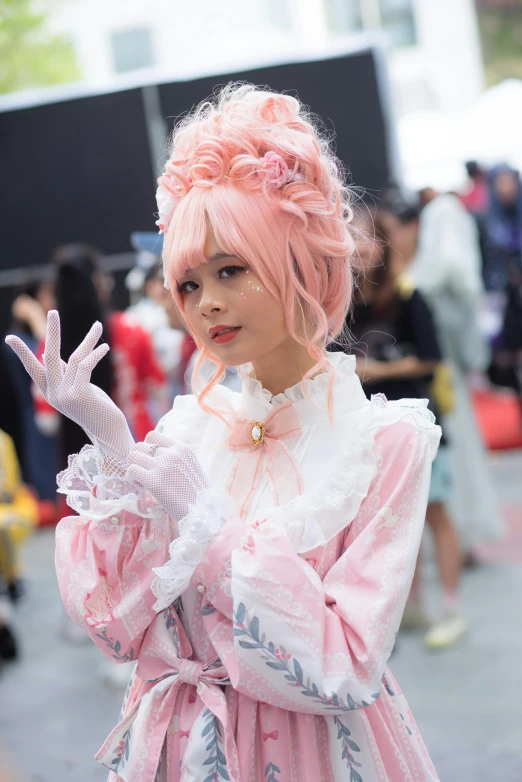 a woman with pink hair is posing for a picture, by Eizan Kikukawa, elegant glamourous cosplay, qifeng lin, square, ap