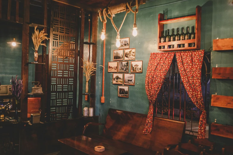 a room filled with lots of wooden furniture, a portrait, unsplash, art nouveau, chinatown bar, phuoc quan, teal aesthetic, drink