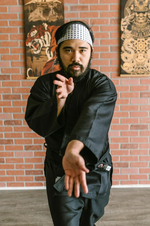 a man standing on a skateboard in front of a brick wall, a portrait, inspired by Kanō Shōsenin, with a beard and a black shirt, karate outfit, portrait of danny gonzalez, promotional image