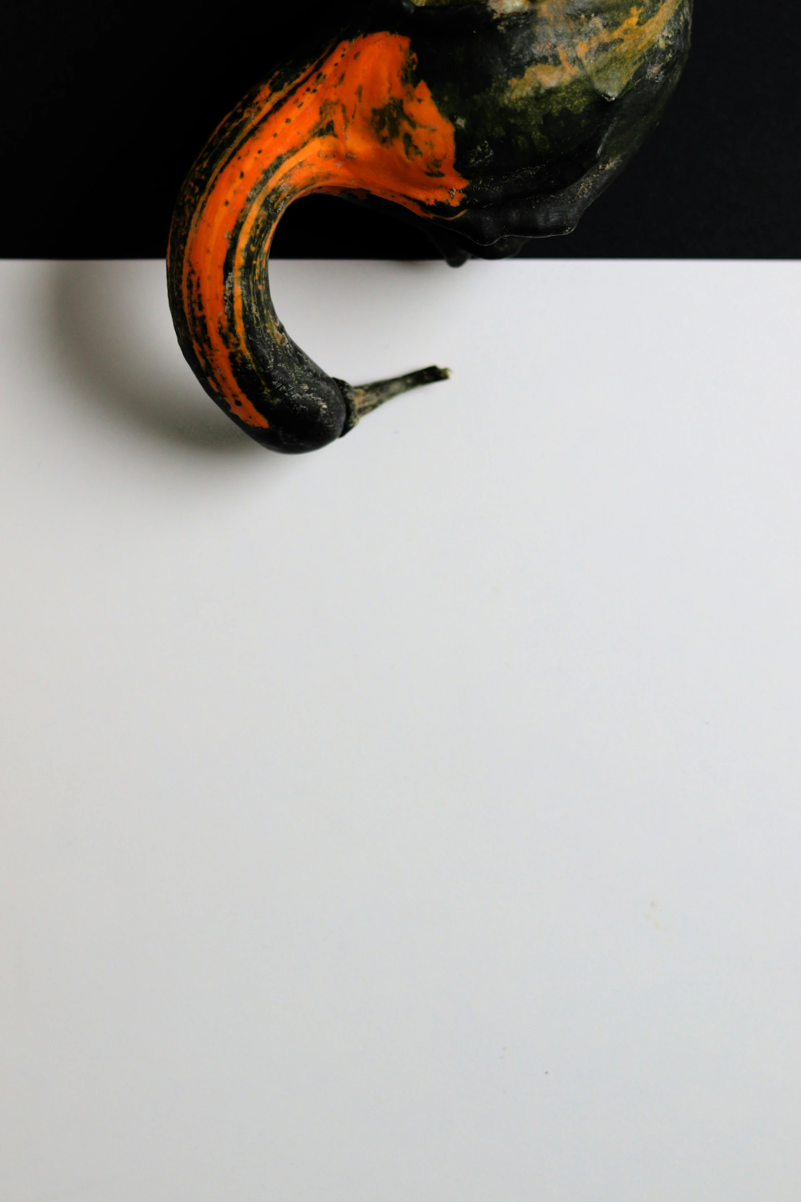 a pumpkin sitting on top of a white table, a minimalist painting, inspired by Robert Mapplethorpe, art photography, curved horns!, hook as ring, ( ( extreme detail ) ), painted black