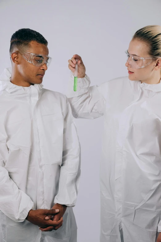 a couple of people standing next to each other, wearing nanotech honeycomb robe, thumbnail, test, white