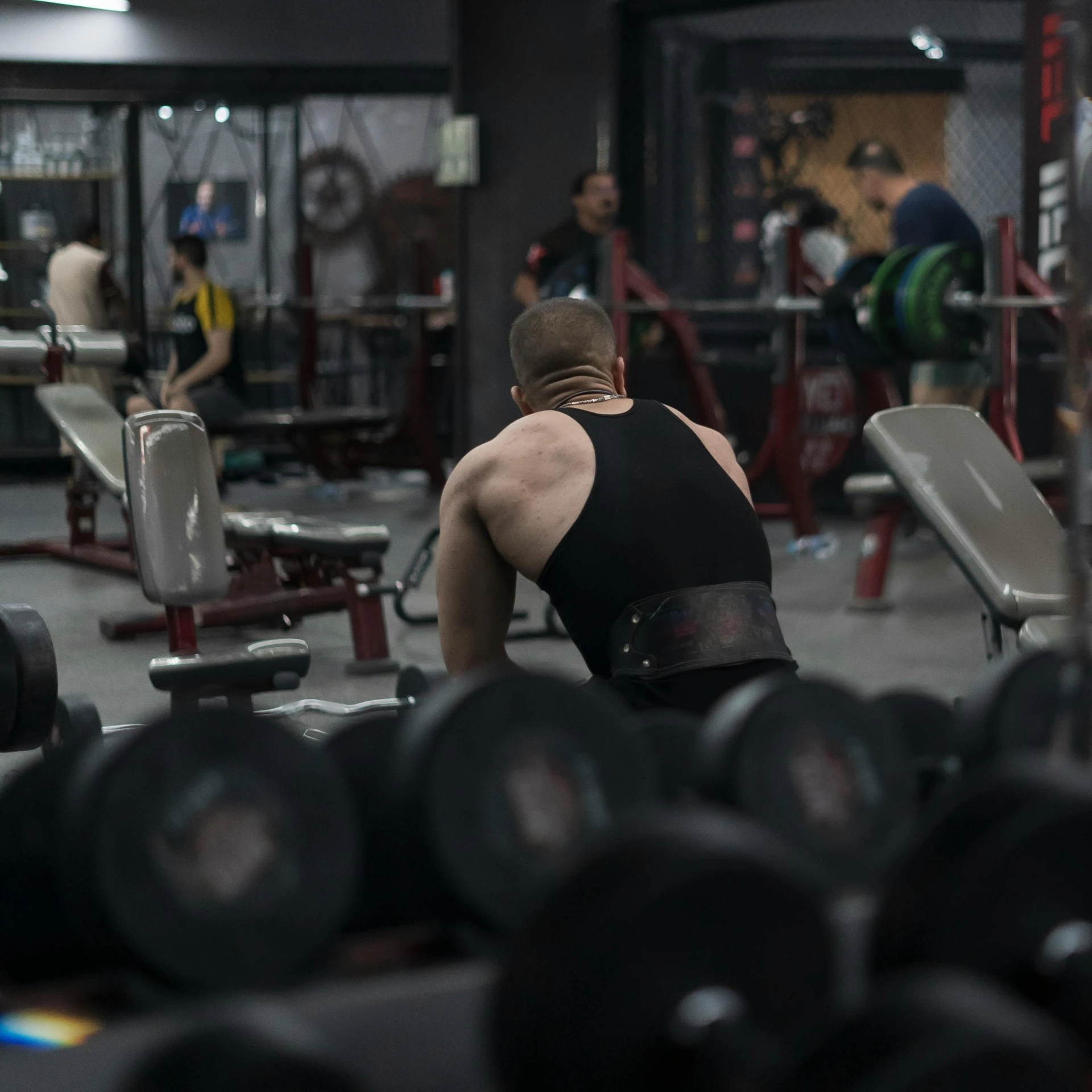 a man squatting on a bench in a gym, by Adam Marczyński, pexels contest winner, background image, bulky build, in a row, back turned