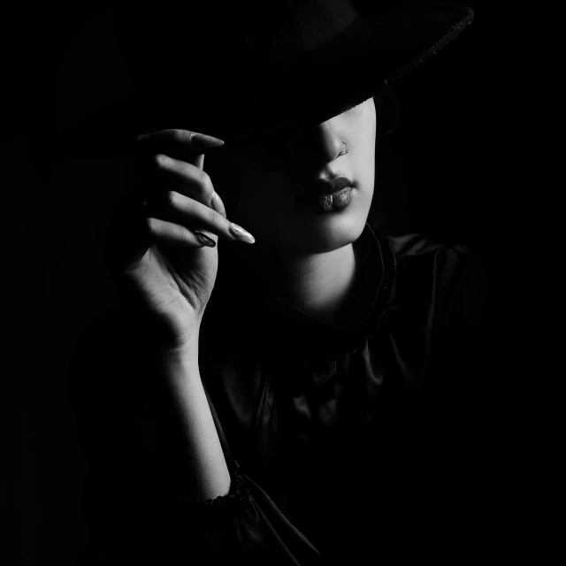 a woman in a hat smoking a cigarette, inspired by Lillian Bassman, pexels contest winner, dark. studio lighting, cgsociety ), trending on imagestation, black habit