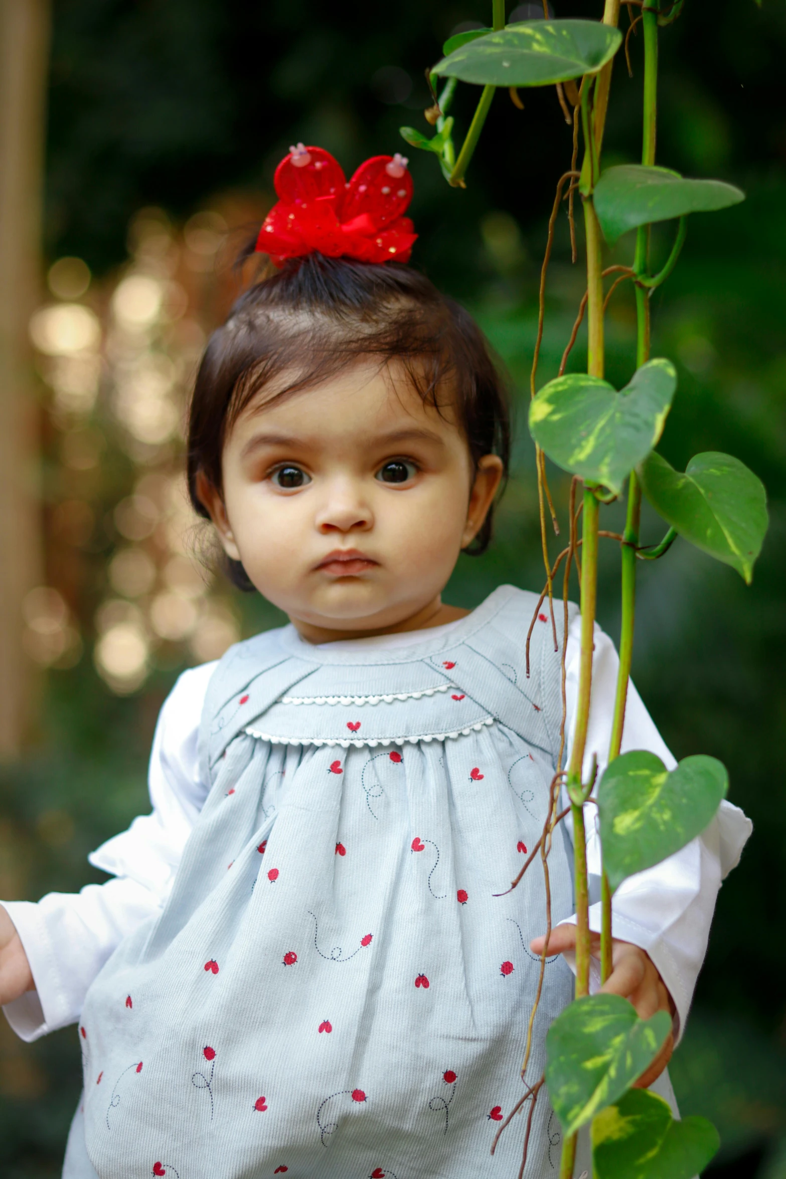 a little girl with a red bow on her head, by Lilia Alvarado, flickr, renaissance, standing in a botanical garden, hindu, indoor picture, taken in the late 2000s