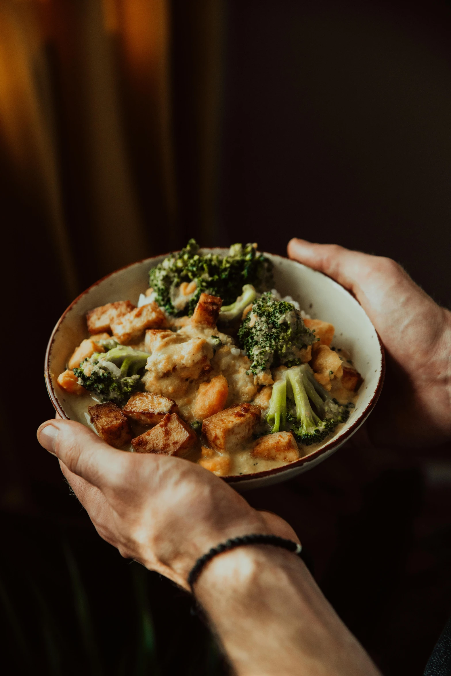 a close up of a person holding a bowl of food, unsplash, broccoli, very crispy, detailed surroundings, cosy