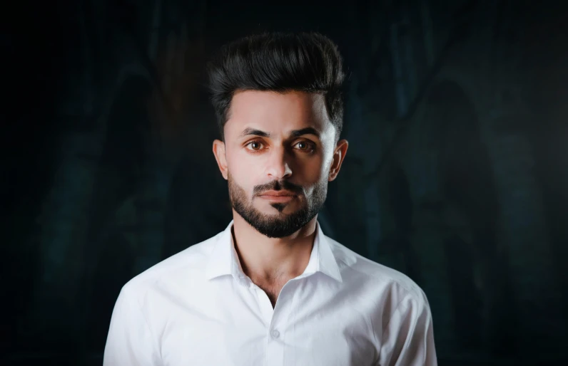a man with a beard wearing a white shirt, by Manjit Bawa, pexels contest winner, with haunted eyes and dark hair, confident pose, raden saleh, a handsome man，black short hair