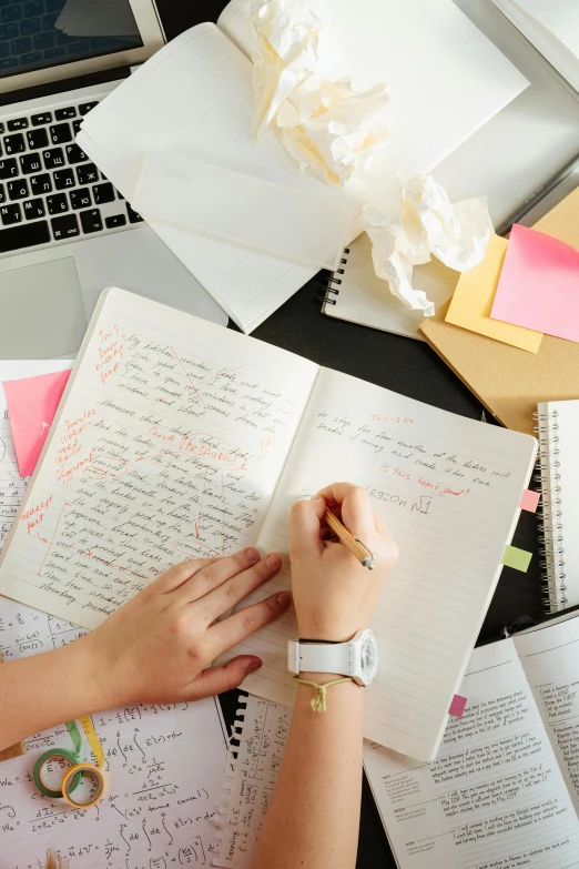 a woman sitting at a desk in front of a laptop, by Nicolette Macnamara, pexels, poster paper with notes, writing in journal, flatlay, circular