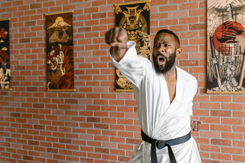 a man standing in front of a brick wall, inspired by Ma Quan, in a dojo, ray lewis yelling, shodan, wearing a white gi