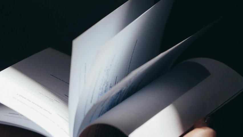 a person holding an open book in their hand, pexels contest winner, private press, blue toned, modern scientific documents, thick lining, light coming in from the left