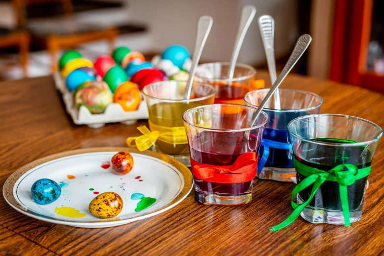 a close up of a plate of food on a table, holding easter eggs, beakers of colored liquid, 2019 trending photo, fan favorite