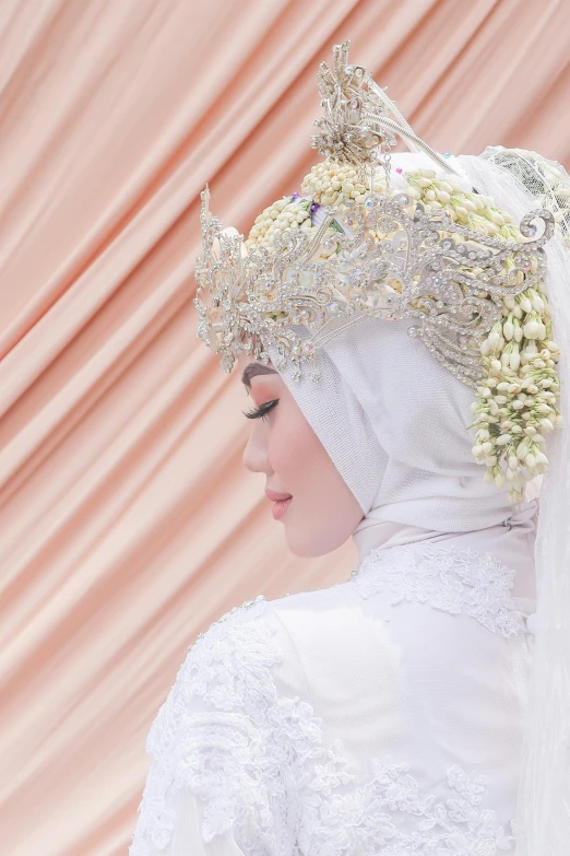 a woman in a wedding dress with a crown on her head, by Basuki Abdullah, unsplash, sumatraism, square, banner, pastel', date