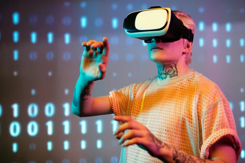 a man wearing a virtual reality headset, by Joe Bowler, shutterstock, holography, like a cyberpunk workshop, thumbnail, glitchpunk girl, modelling