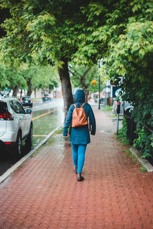 a woman walking down a sidewalk in the rain, by Washington Allston, trending on unsplash, with a backpack, neighborhood, single street, a wooden