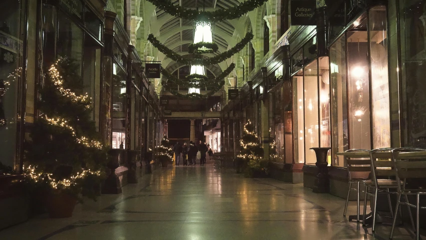 a hallway filled with lots of windows covered in christmas lights, inspired by Thomas Struth, unsplash, hyperrealism, victorian london, people shopping, very dark with green lights, giant majestic archways