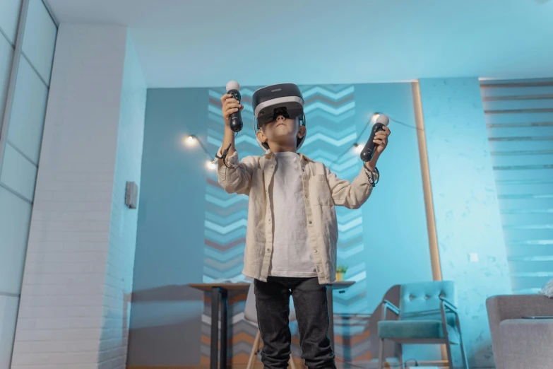 a man standing in a living room holding two remotes, a hologram, inspired by Jean Tabaud, unsplash, interactive art, little kid, wearing vr, hyperrealistic”, avatar image