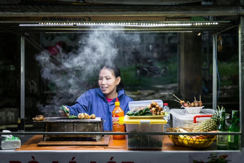 a woman standing in front of a food cart, by Daniel Gelon, pexels contest winner, eats bambus, avatar image, square, hoang long ly