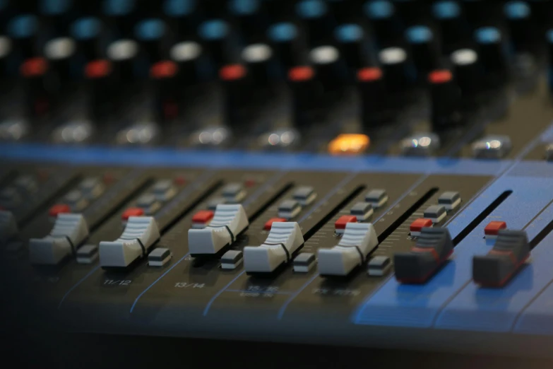 a close up of a sound board in a recording studio, pexels, realism, blue, realistic cinema 4 d render, thumbnail, in a row