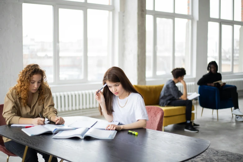 a couple of people that are sitting at a table, trending on pexels, academic art, studying in a brightly lit room, panoramic view of girl, 15081959 21121991 01012000 4k, ground level shot