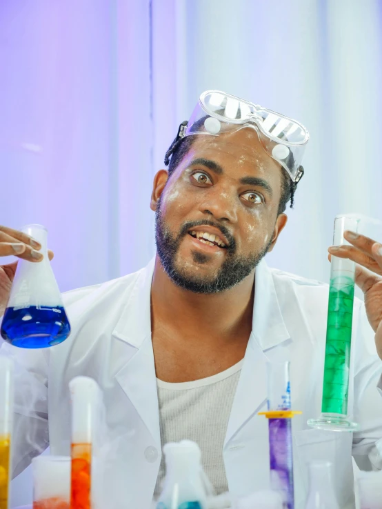 a man in a lab coat holding a test tube, inspired by Dr. Atl, trending on reddit, jordan peele's face, high quality photo, scales with magic powder, coloured photo